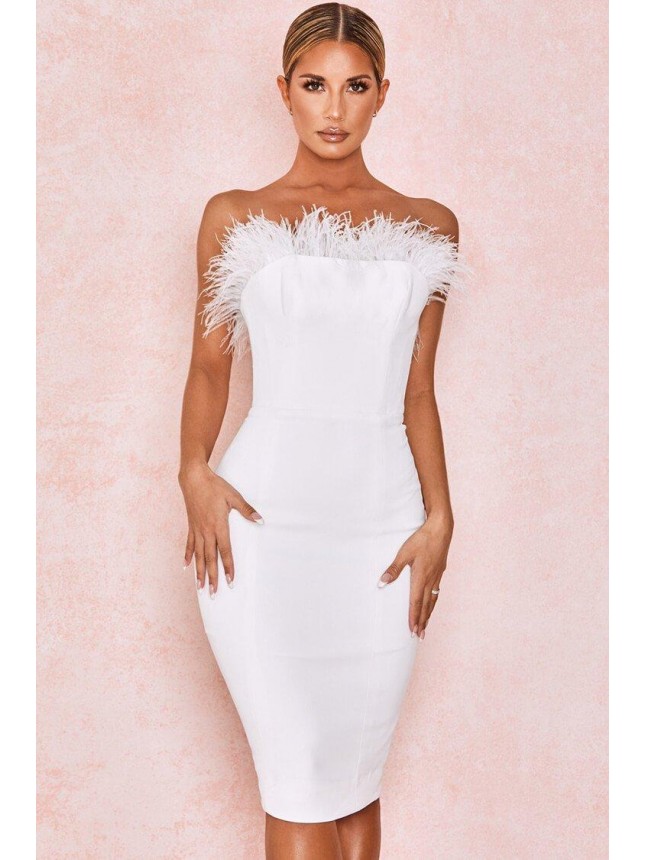 Strapless Bodycon Feather Midi Cocktail Party Dress – White