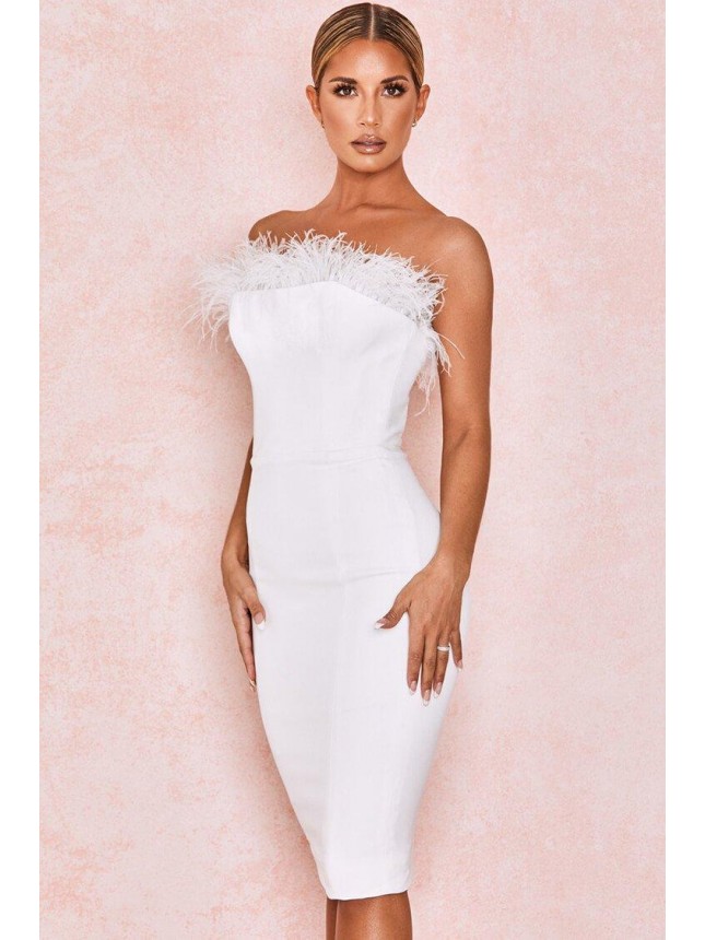 Strapless Bodycon Feather Midi Cocktail Party Dress – White
