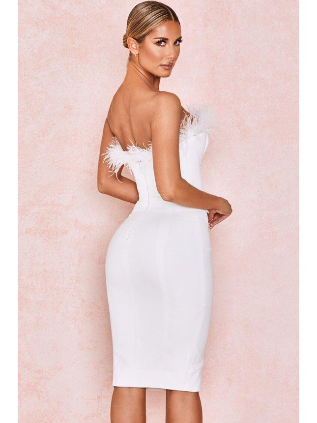 Strapless Bodycon Feather Midi Cocktail Party Dress – White