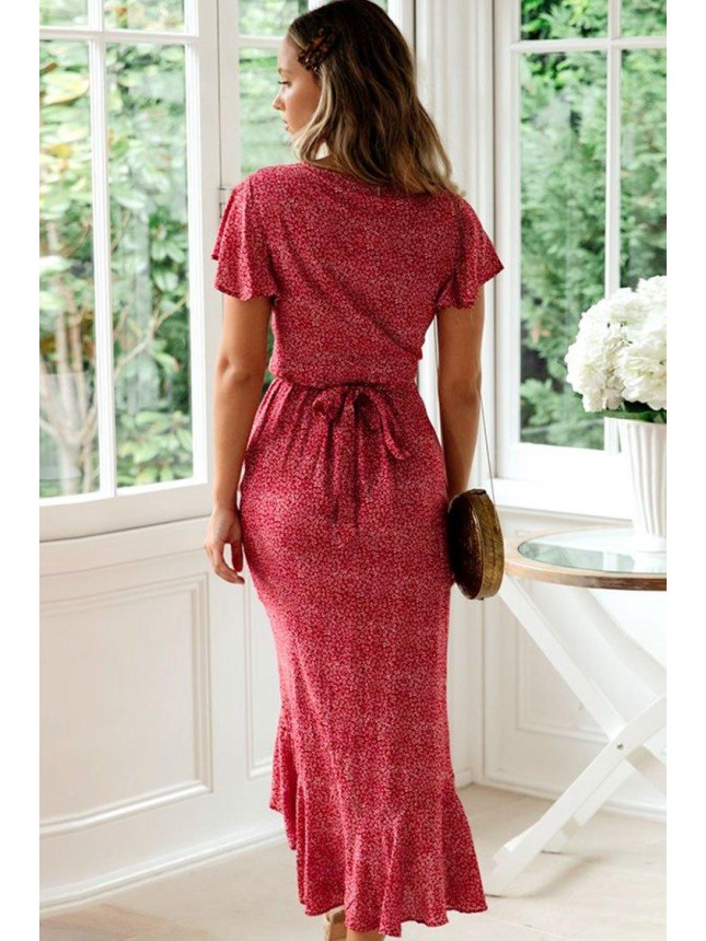 High Low Ditsy Floral Wrap Beach Vacation Dress – Red