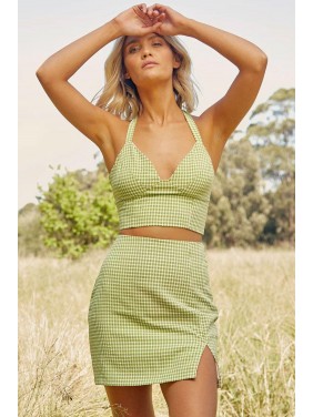 Chic Plaid Print High Waist Side Slit Mini Two Piece Dress – Sage Green