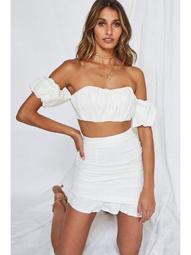 Off Shoulder Bodycon Mini Two Piece Dress – White