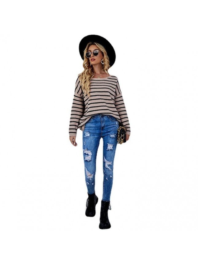 Striped knitting set large size loose round neck sweater fashion outfits