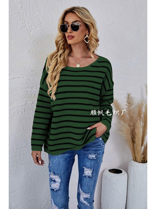 Striped knitting set large size loose round neck sweater fashion outfits