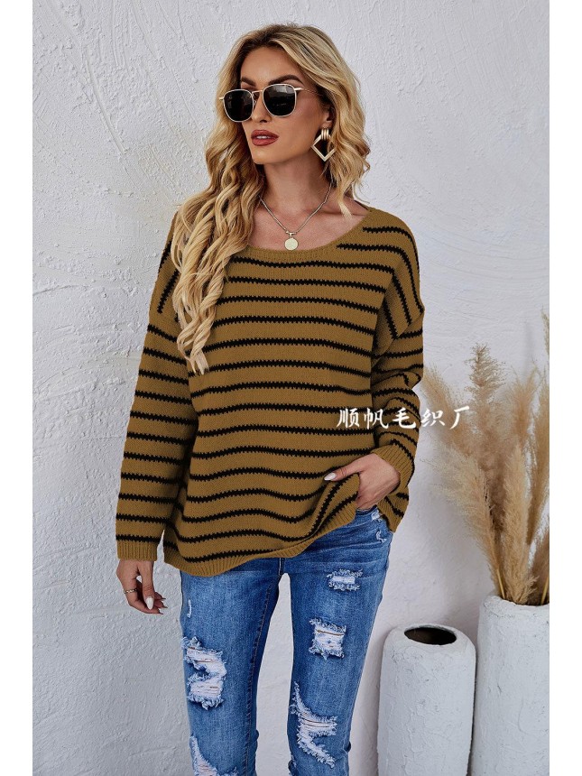 Striped knitting set large size loose round neck sweater fashion outfits
