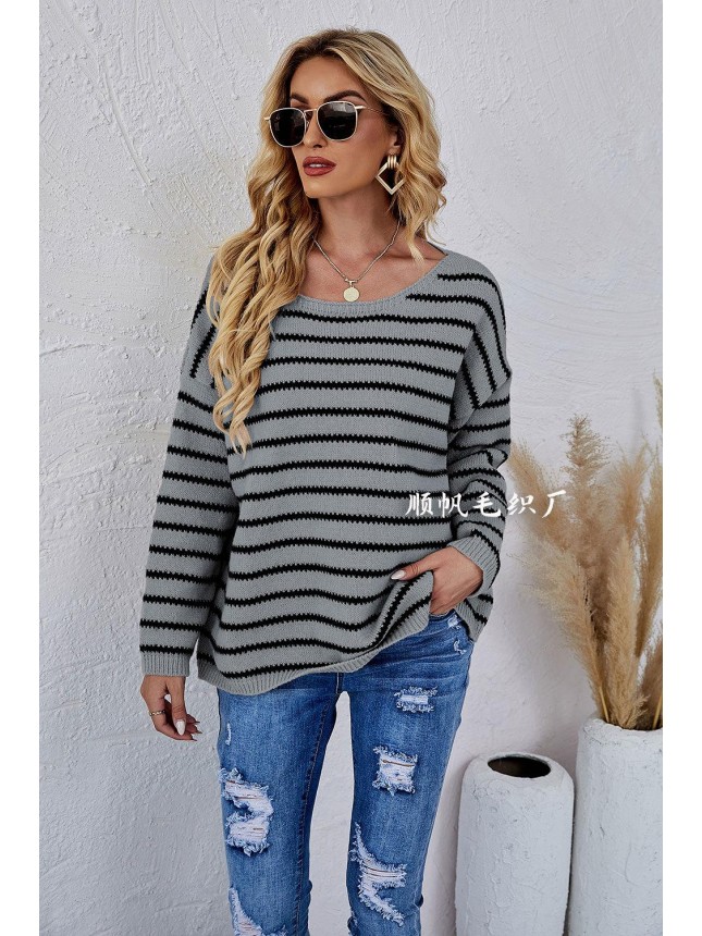 Striped knitting set large size loose round neck sweater fashion outfits