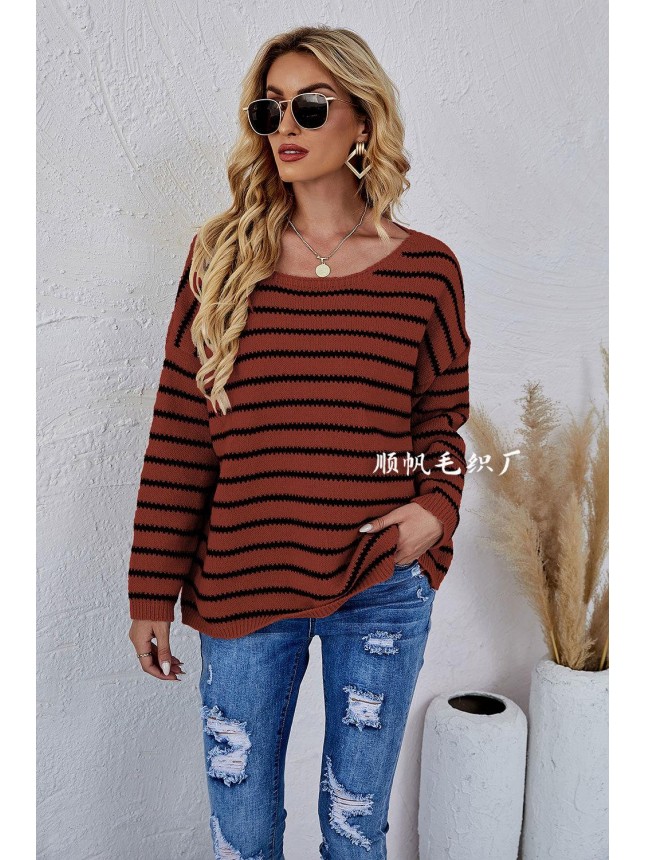 Striped knitting set large size loose round neck sweater fashion outfits