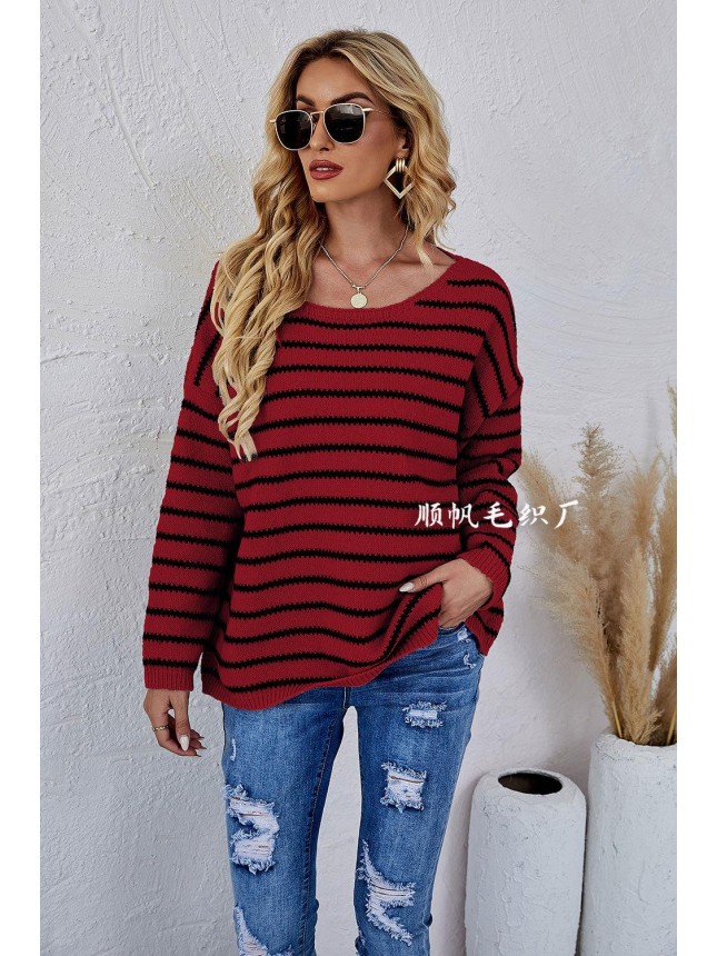 Striped knitting set large size loose round neck sweater fashion outfits