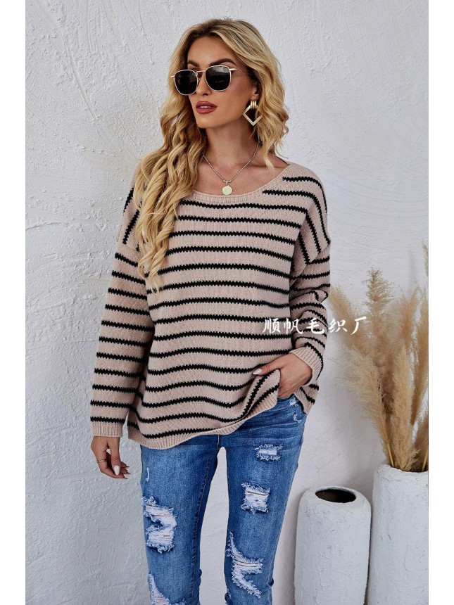 Striped knitting set large size loose round neck sweater fashion outfits