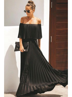 Foldover Off Shoulder Pleated Maxi Beach Vacation Dress – Black