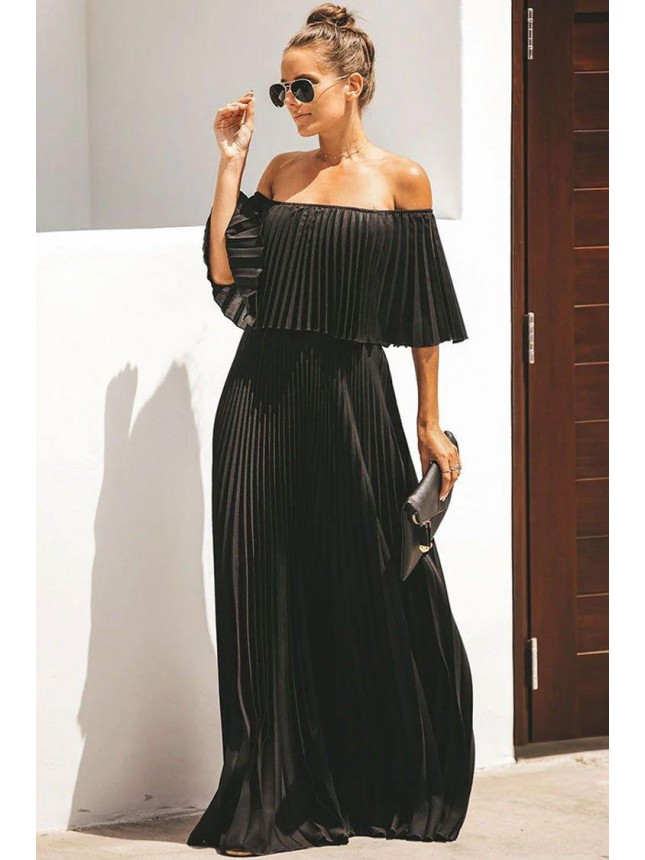 Foldover Off Shoulder Pleated Maxi Beach Vacation Dress – Black