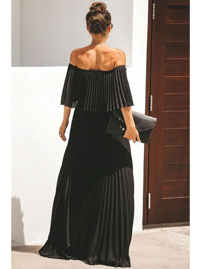 Foldover Off Shoulder Pleated Maxi Beach Vacation Dress – Black