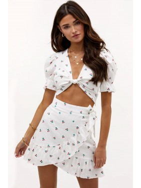 Sweet Cherry Puff Sleeve Ruffle High Waist Mini Two Piece Dress – White