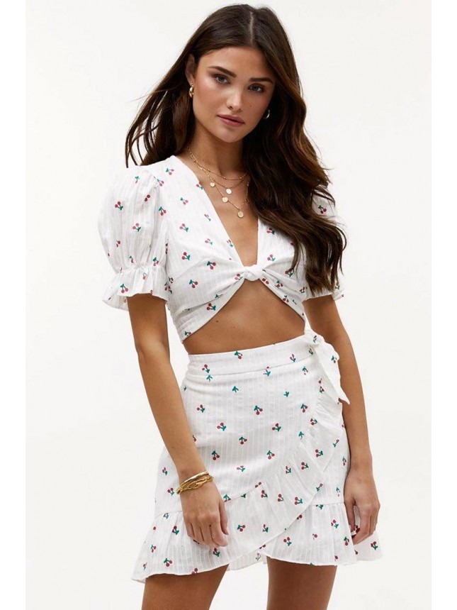 Sweet Cherry Puff Sleeve Ruffle High Waist Mini Two Piece Dress – White