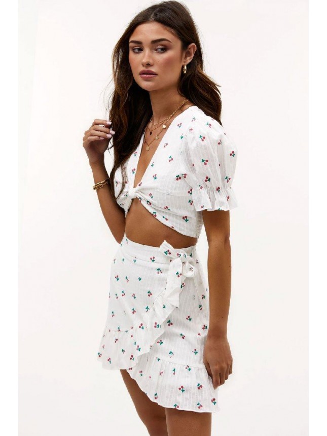 Sweet Cherry Puff Sleeve Ruffle High Waist Mini Two Piece Dress – White