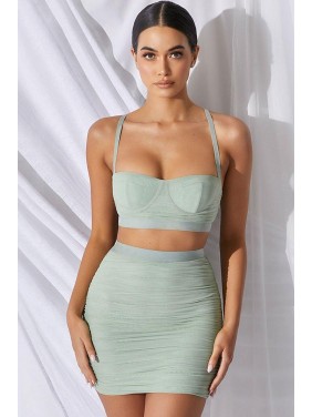 Night Out Bustier Ruched Mesh Two Piece Dress – Sage Green