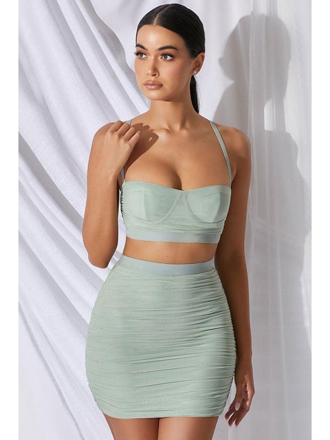 Night Out Bustier Ruched Mesh Two Piece Dress – Sage Green