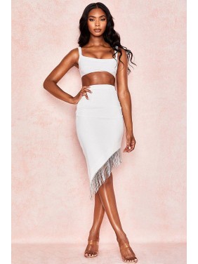 Rhinestone Fringe High Waist Asymmetric Two Piece Dress – White