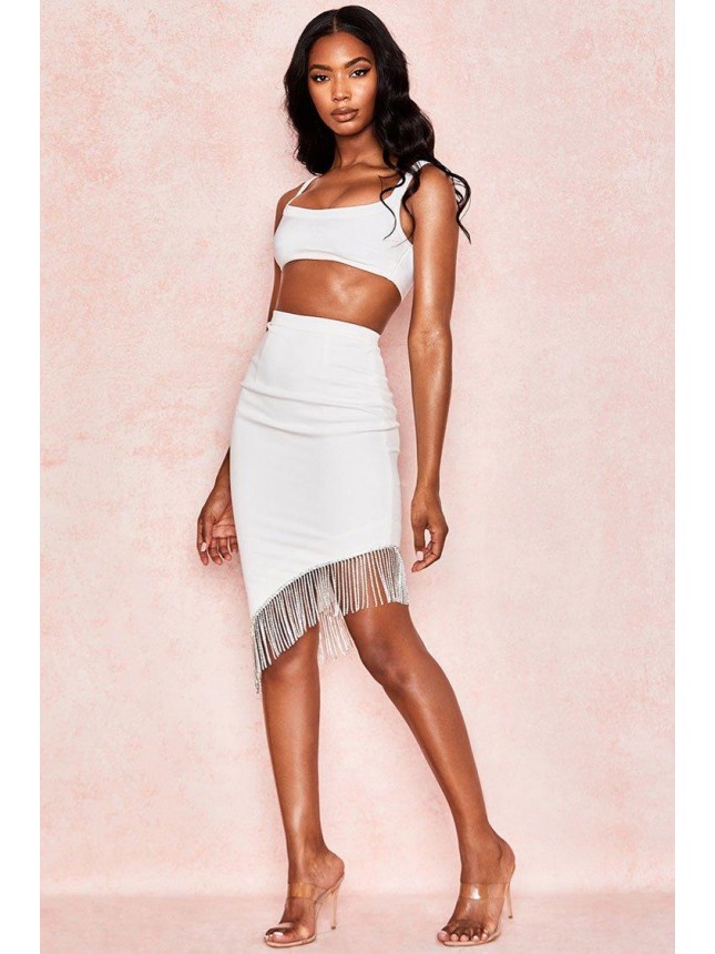 Rhinestone Fringe High Waist Asymmetric Two Piece Dress – White