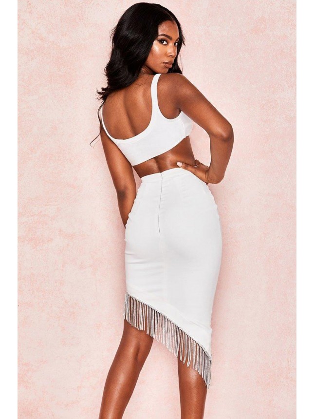 Rhinestone Fringe High Waist Asymmetric Two Piece Dress – White