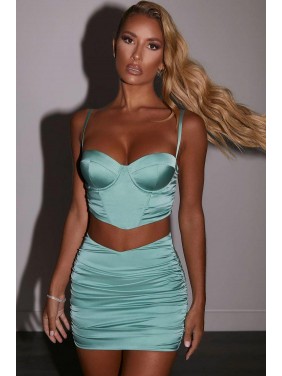 Silky Satin High Waist Bustier Mini Two Piece Dress – Teal