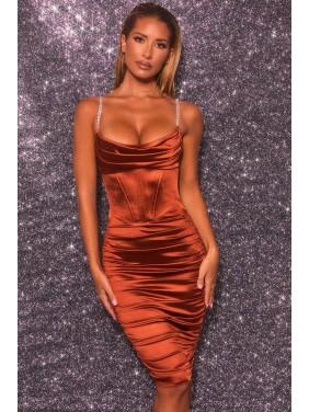 Rhinestone Strap Cowl Neck Satin Ruched Bodycon Midi Corset Dress – Burnt Orange