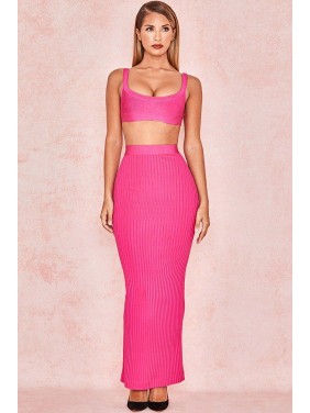 Ribbed Bandage High Waist Maxi Two Piece Dress – Hot Pink