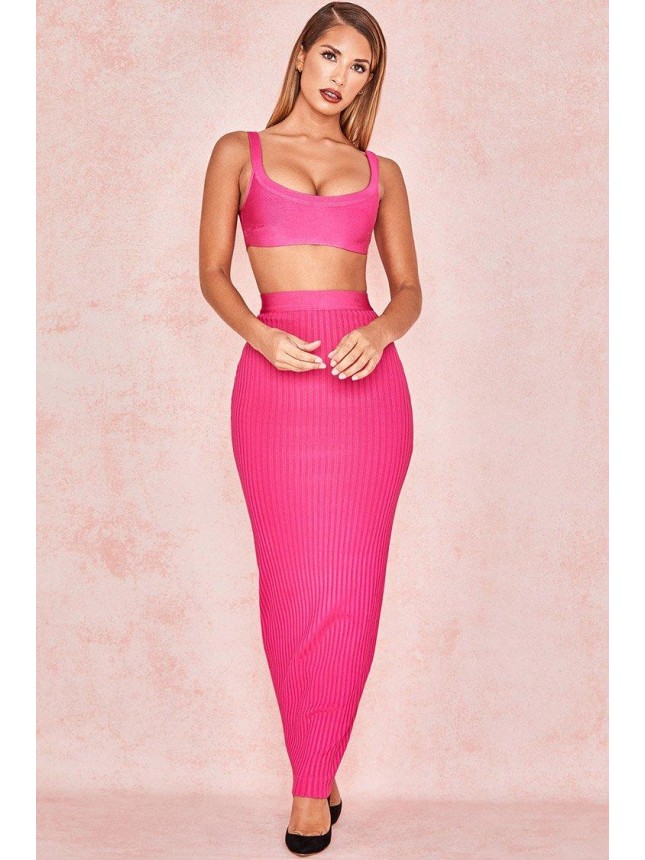 Ribbed Bandage High Waist Maxi Two Piece Dress – Hot Pink