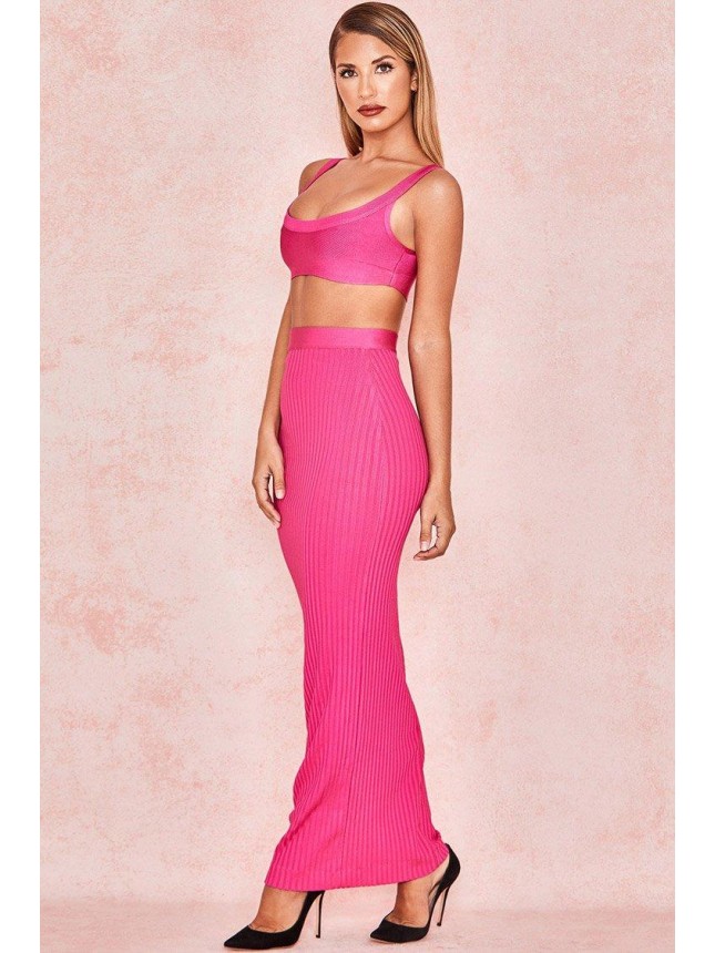 Ribbed Bandage High Waist Maxi Two Piece Dress – Hot Pink