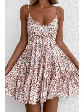 Frilly Floral Spaghetti Strap Fit & Flare Mini Summer Sundress – Pink