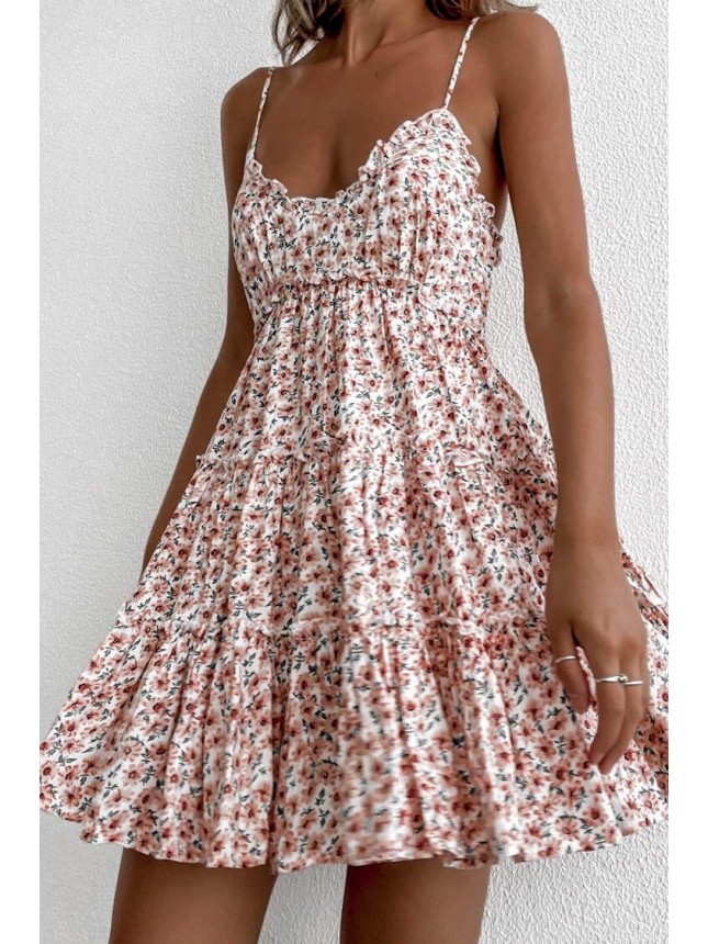 Frilly Floral Spaghetti Strap Fit & Flare Mini Summer Sundress – Pink