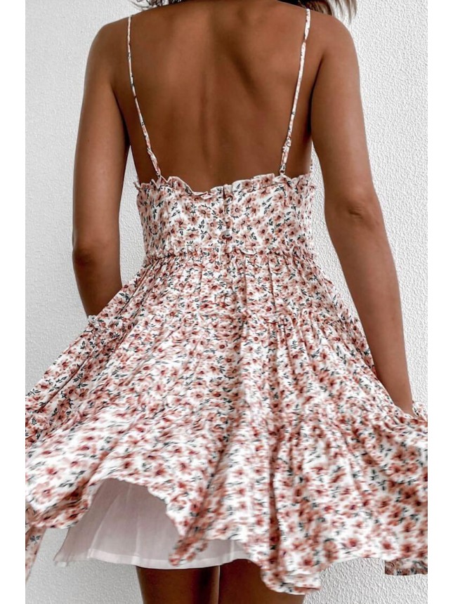 Frilly Floral Spaghetti Strap Fit & Flare Mini Summer Sundress – Pink
