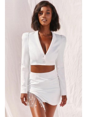 Sparkling Rhinestone Fringe High Waist Blazer Two Piece Dress – White