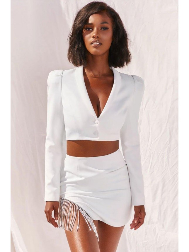 Sparkling Rhinestone Fringe High Waist Blazer Two Piece Dress – White