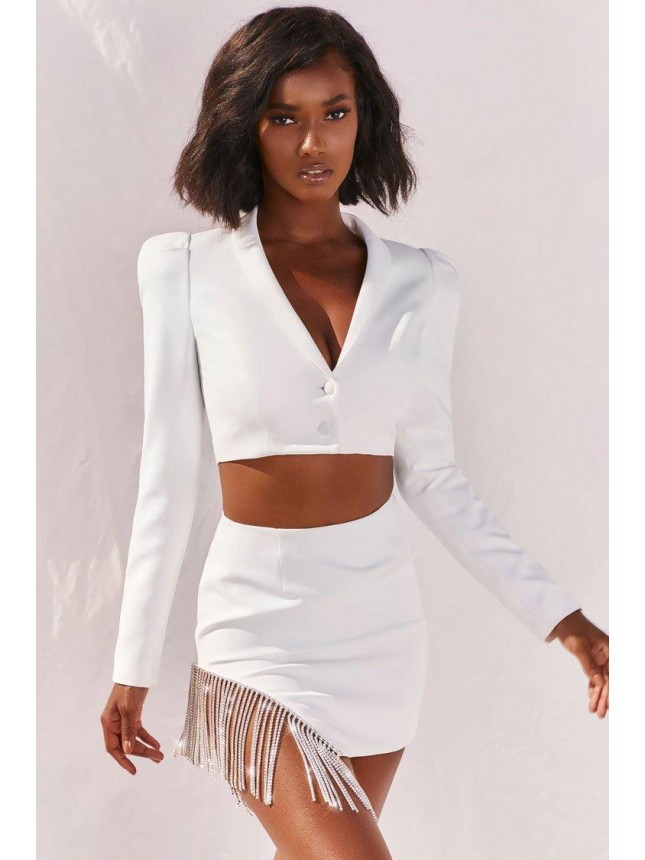 Sparkling Rhinestone Fringe High Waist Blazer Two Piece Dress – White
