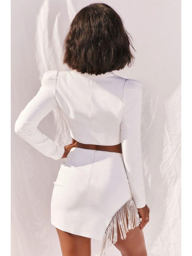 Sparkling Rhinestone Fringe High Waist Blazer Two Piece Dress – White