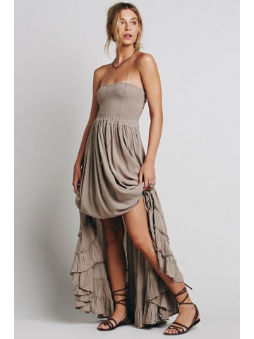 Backless Smocked Halter Boho Chic Maxi Dress – Khaki