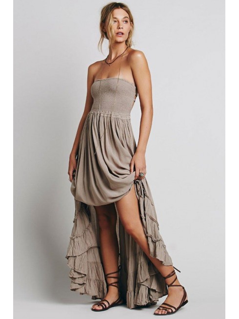 Backless Smocked Halter Boho Chic Maxi Dress – Khaki