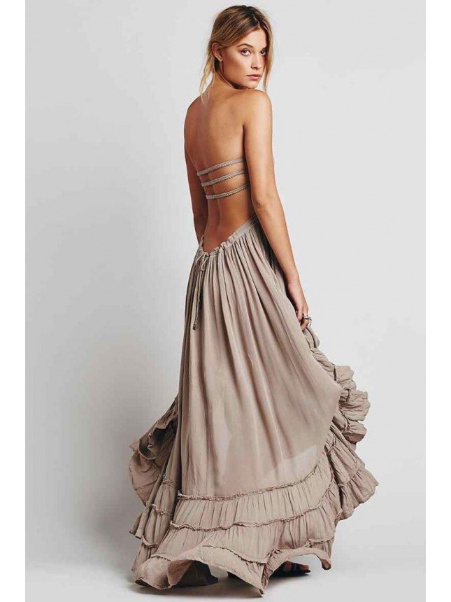 Backless Smocked Halter Boho Chic Maxi Dress – Khaki