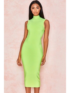 High Neck Sleeveless Bodycon Bandage Midi Dress – Neon Green