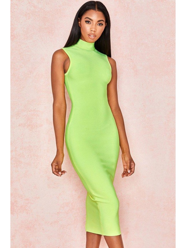 High Neck Sleeveless Bodycon Bandage Midi Dress – Neon Green