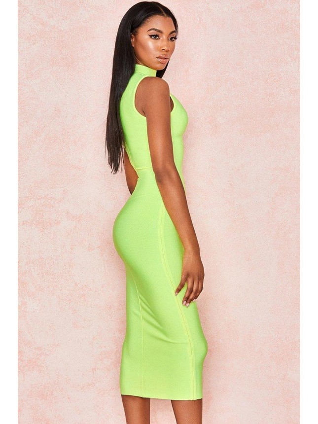 High Neck Sleeveless Bodycon Bandage Midi Dress – Neon Green