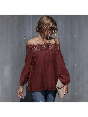 Lace splicing  word shoulder bubble sleeve shirt