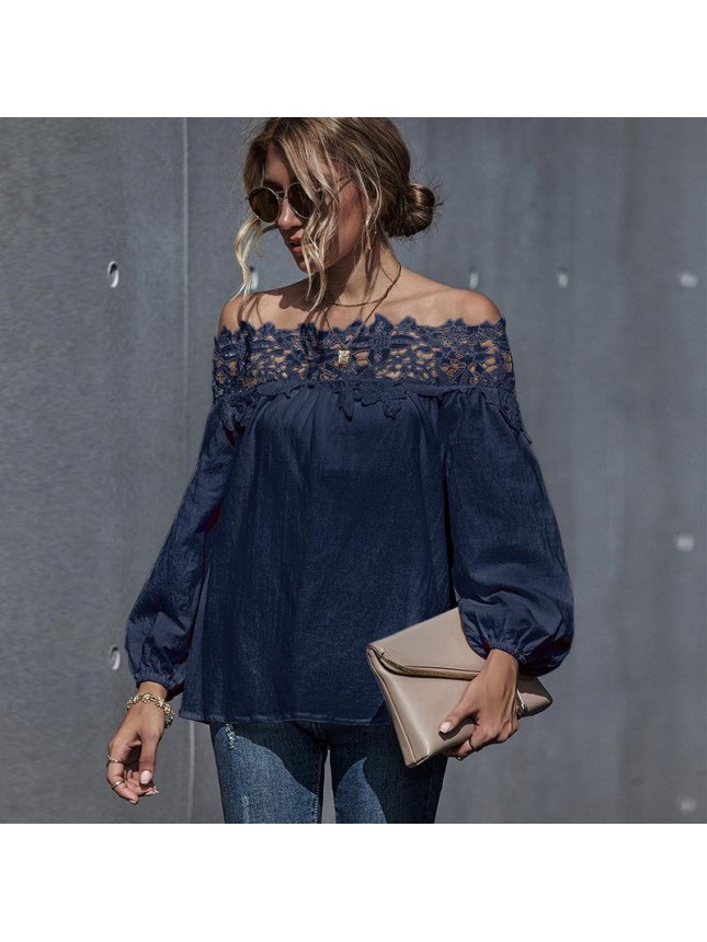 Lace splicing  word shoulder bubble sleeve shirt