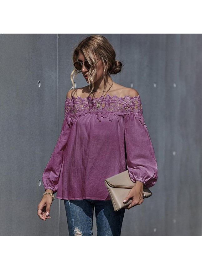Lace splicing  word shoulder bubble sleeve shirt
