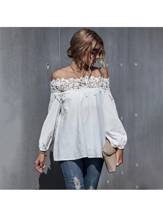 Lace splicing  word shoulder bubble sleeve shirt