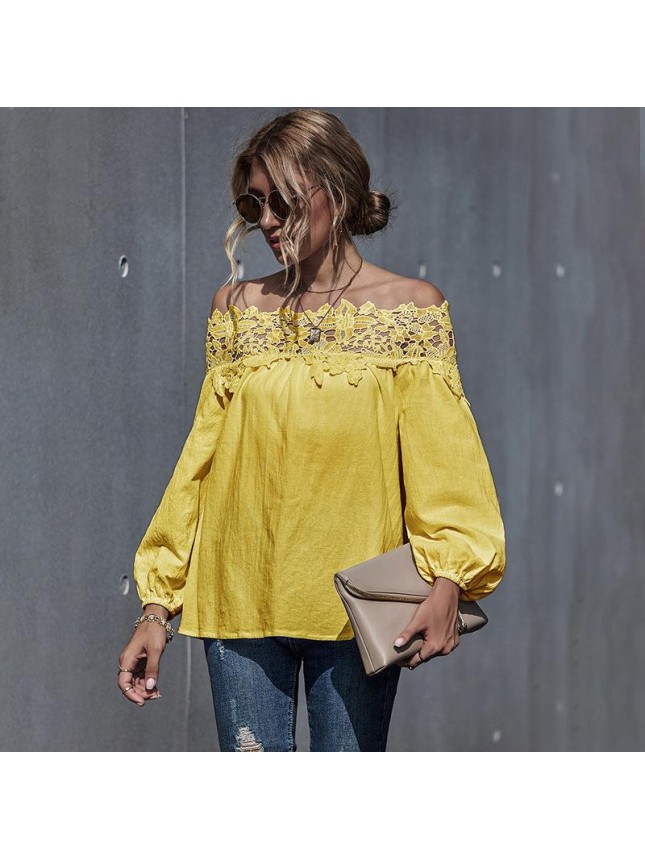 Lace splicing  word shoulder bubble sleeve shirt