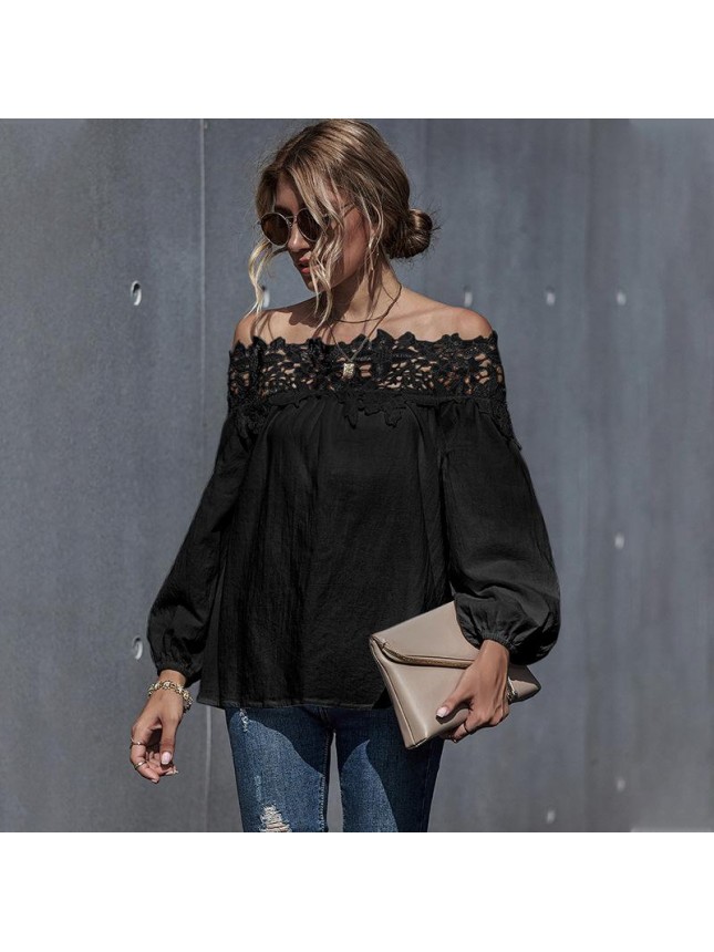 Lace splicing  word shoulder bubble sleeve shirt