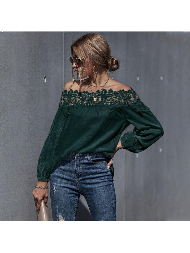 Lace splicing  word shoulder bubble sleeve shirt