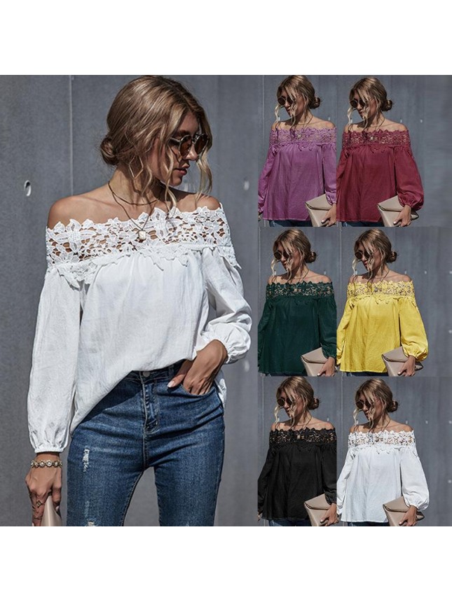 Lace splicing  word shoulder bubble sleeve shirt